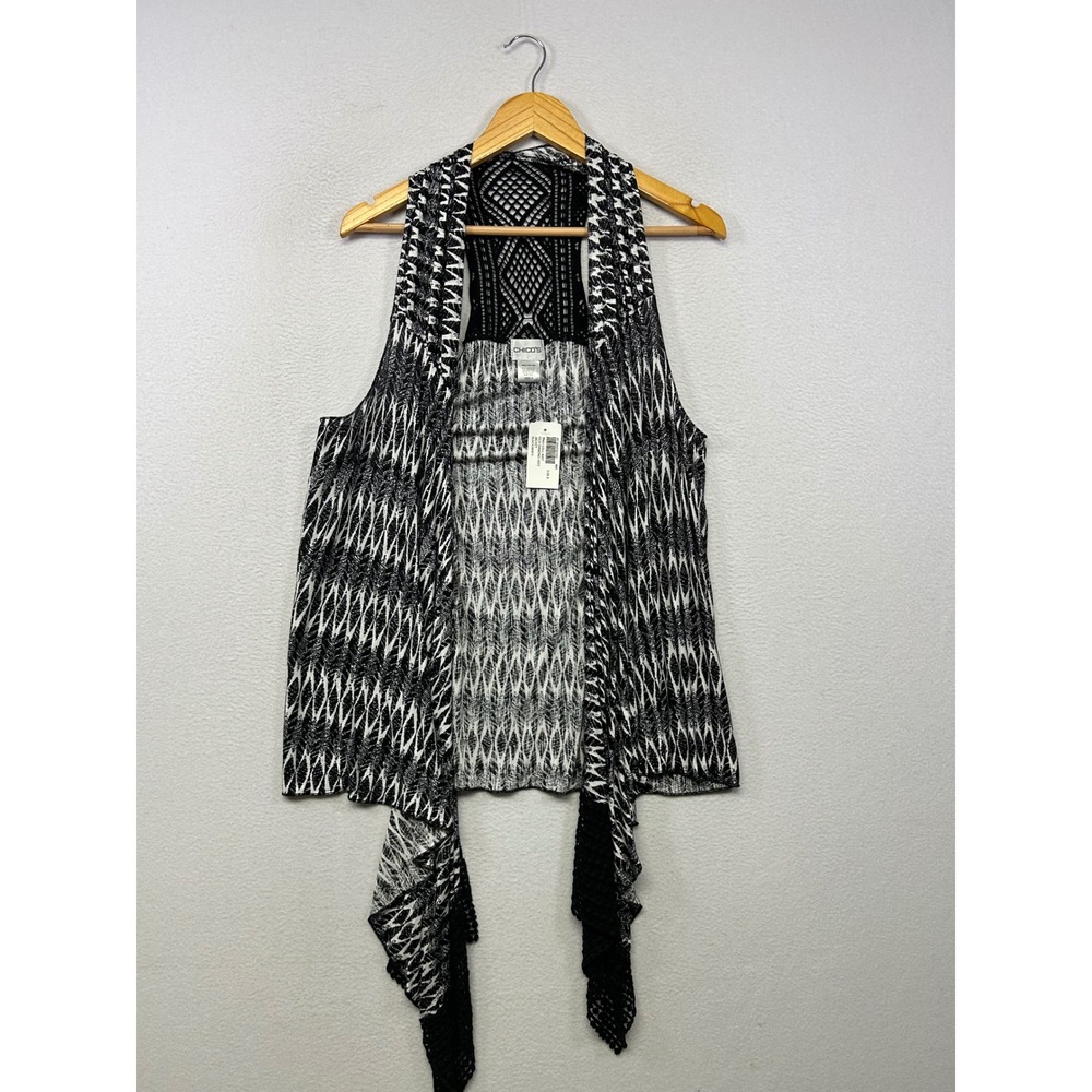 Boho Geometric Chico's Womens Size 3 Black White Draped Crochet Back Knit Vest